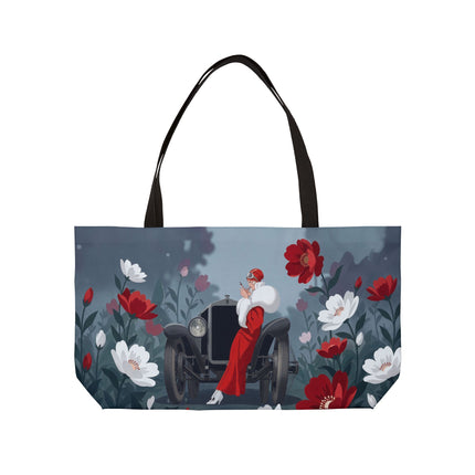 🚗🌺 The Lady Of The Grand Touring Car Weekender Tote Bag – Art Deco Motoring Elegance