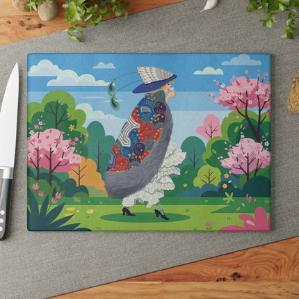 🦚🌸 The Peacock Garden Stroll Glass Cutting Board – Art Deco Fashion Elegance