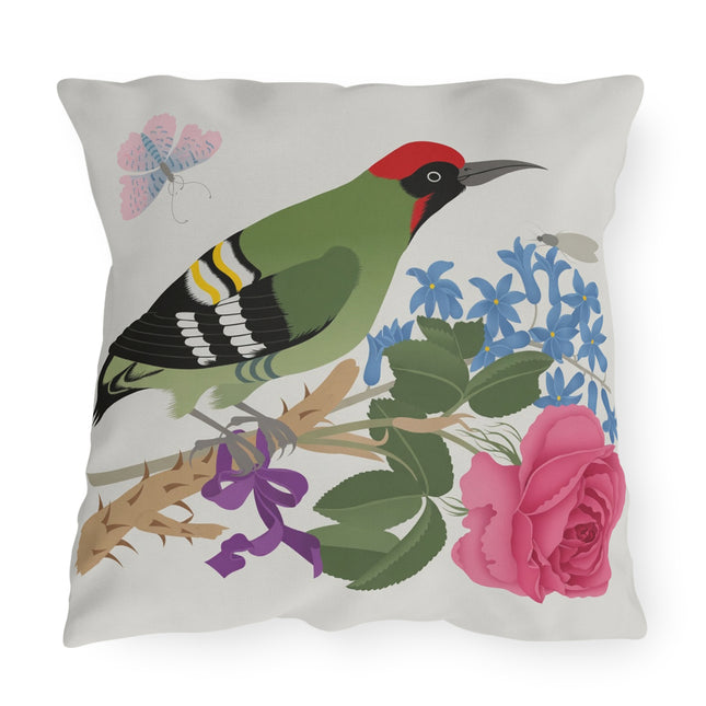 Woodpecker & Rose Outdoor Pillows – Vibrant Nature & Timeless Charm