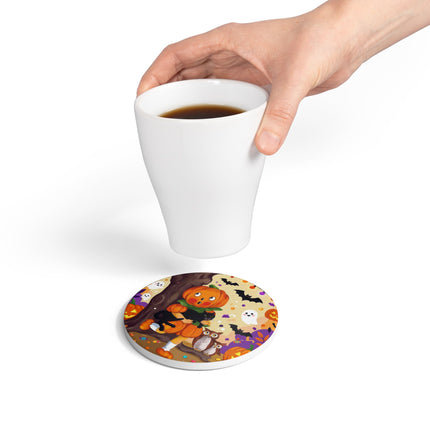 🎃🐈‍⬛ The Pumpkin Child’s Halloween Parade Ceramic Coaster – Whimsical Storybook Charm