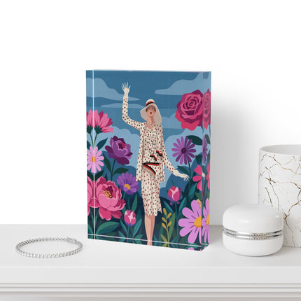 🌸👒 The Lady Of The Grand Flower Garden Acrylic Art Block – Art Deco Fashion Illustration