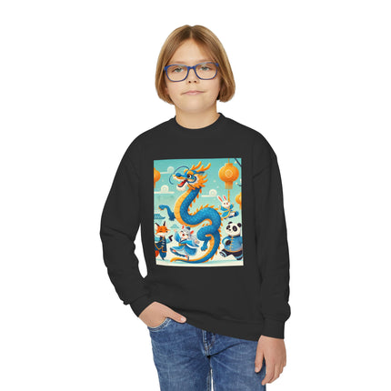 Blue & Gold Dragon Festival Parade Youth Crewneck Sweatshirt – Celebration, Color & Joyful Movement
