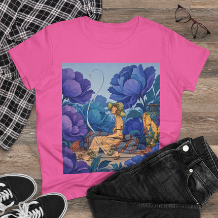 💙🌸 The Lady Among The Blue Blossoms Cotton Tee – Art Deco Floral Reverie