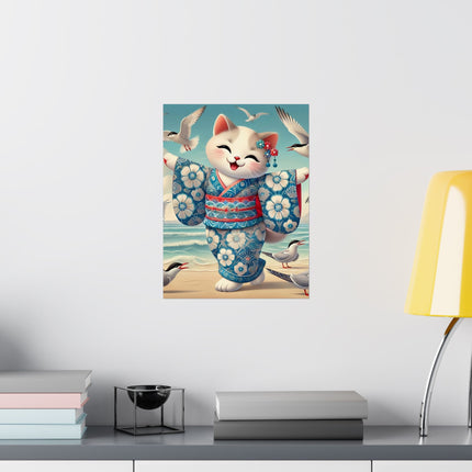 🌊🐱 Geisha Kitten by the Seaside Matte Vertical Poster – Coastal Charm & Ocean Breeze