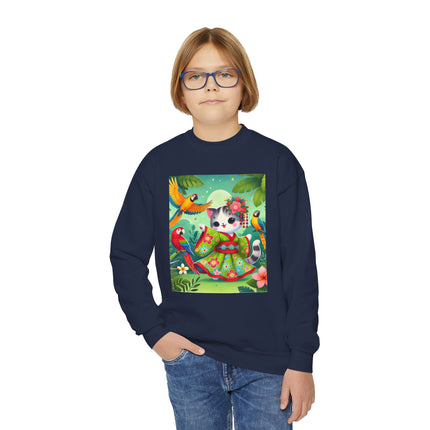 Parrot Dance of the Geisha Kitten Youth Crewneck Sweatshirt – Color, Rhythm & Joyful Expression