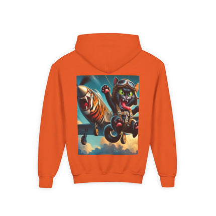 Parachuting Cat Commando Youth Hooded Sweatshirt – Action, Adventure & Wild Imagination