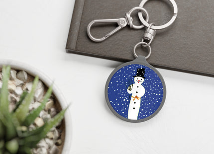 Snowman in Falling Snow Keyring Tag