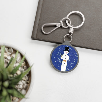 Snowman in Falling Snow Keyring Tag