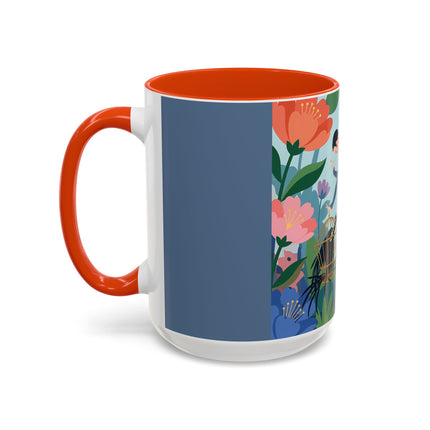 The Lady And The Mysterious Bird Colorful Mugs – Art Deco Botanical Mystery