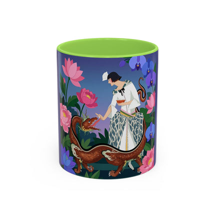 The Lady And The Garden Dragon Colorful Mugs – Art Deco Mythical Botanical Elegance