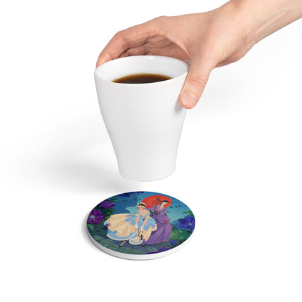 👒🌺 The Ladies Of The Enchanted Garden Stroll Ceramic Coaster – Art Deco Floral Elegance