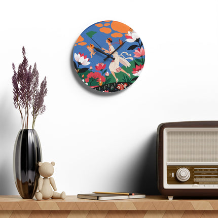 🌸🪽 The Lady Chasing Cupid Acrylic Wall Clock – Art Deco Garden Whimsy