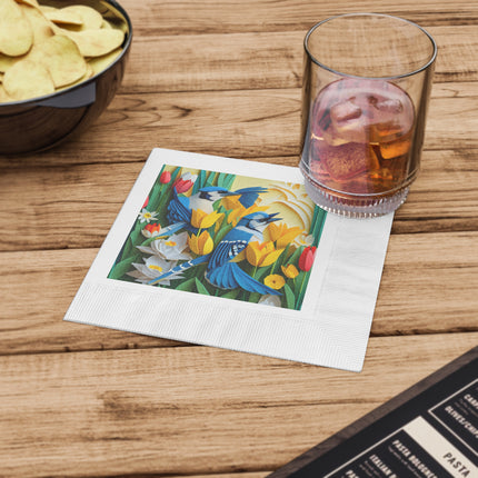 Blue Jays in a Spring Garden White Coined Napkins