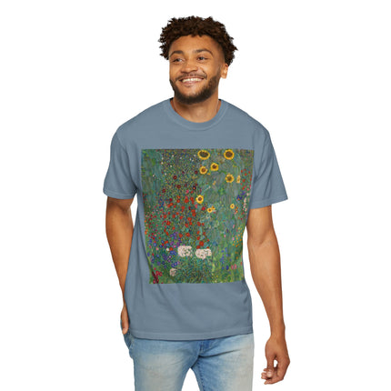 Farm Garden with Sunflowers by Gustav Klimt Unisex Garment-Dyed T-shirt