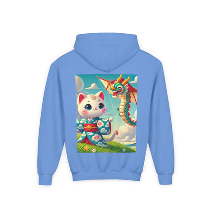 Geisha Kitten and the Dragon Kite Youth Hooded Sweatshirt – Bold Energy & Sky-High Adventure