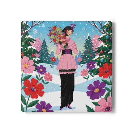 🎀🌸 The Lady Of The Christmas Bouquet Ceramic Coaster – Art Deco Holiday Fantasy