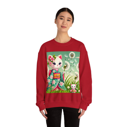 Geisha Kitten and the Dandelion Wish Heavy Blend™ Crewneck Sweatshirt