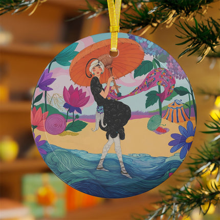 ☂️🌊 The Lady Of The Coral Parasol Glass Ornament – Art Deco Coastal Elegance