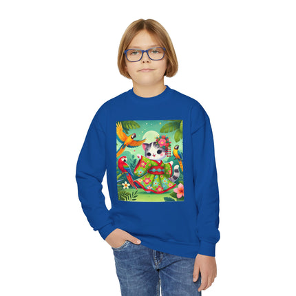 Parrot Dance of the Geisha Kitten Youth Crewneck Sweatshirt – Color, Rhythm & Joyful Expression
