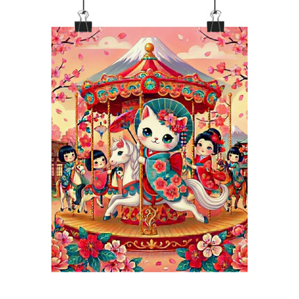 🎠🌸 Geisha Kitten's Enchanted Carousel Ride Matte Vertical Poster – Whimsical Dreams & Cherry Blossom Magic