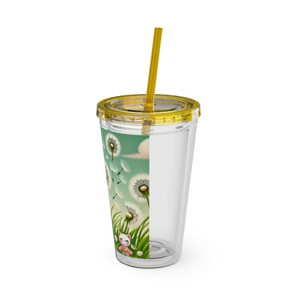 Geisha Kitten and the Dandelion Wish Sunsplash Tumbler with Straw, 16oz
