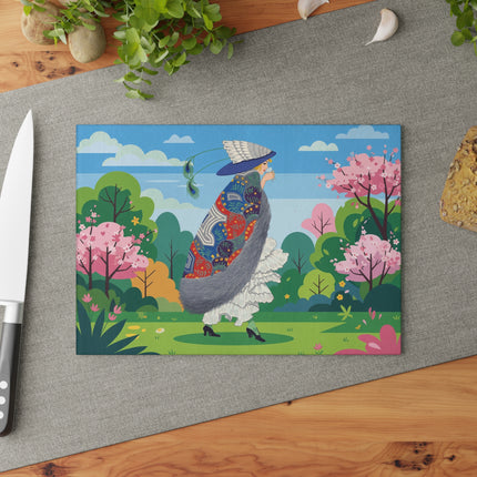 🦚🌸 The Peacock Garden Stroll Glass Cutting Board – Art Deco Fashion Elegance