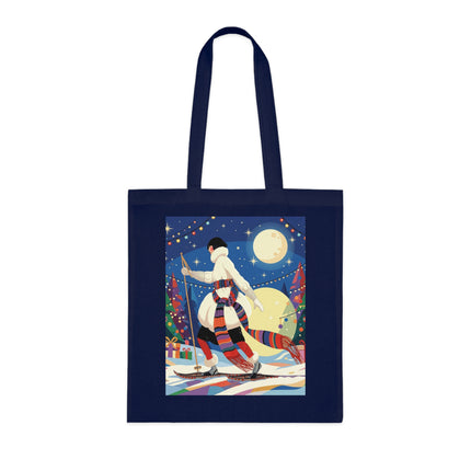 🎿🌙 The Moonlit Christmas Skier Cotton Tote Bag – Art Deco Holiday Adventure