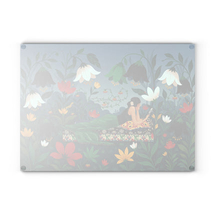 🌺🔍 The Lady In The Secret Garden Glass Cutting Board – Art Deco Floral Elegance
