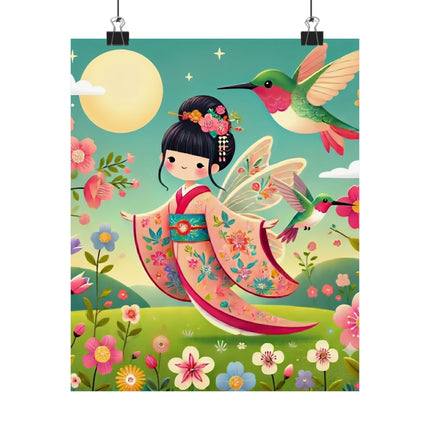 🧚🌺 Geisha Fairy and the Hummingbird Blossom Matte Vertical Poster – Grace, Wonder & Floral Magic