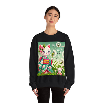Geisha Kitten and the Dandelion Wish Heavy Blend™ Crewneck Sweatshirt