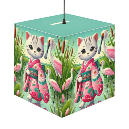 🌸🦩 Geisha Kitten Strolls Among the Spoonbills Light Cube Lamp – Serene Grace & Marshland Wonder