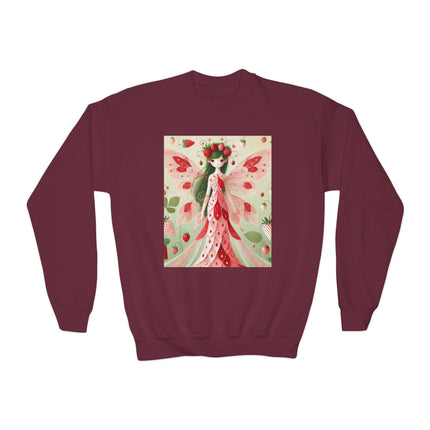 Strawberry Fairy Delight Youth Crewneck Sweatshirt – Sweet Magic, Nature & Whimsical Joy