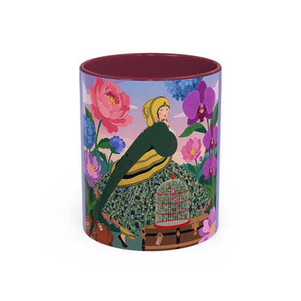The Lady And The Crimson Birdcage Colorful Mugs – Art Deco Tropical Garden Elegance