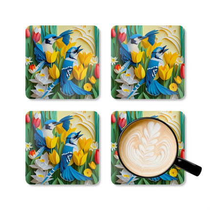 Blue Jays in a Spring Garden Corkwood Coaster Set