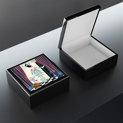 🌹🎭 The Lady Between The Curtains Jewelry Box – Art Deco Floral Theatre