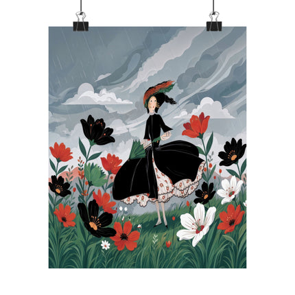 🌧️🌺 The Lady Of The Rainy Flower Meadow Matte Vertical Poster – Art Deco Floral Whimsy