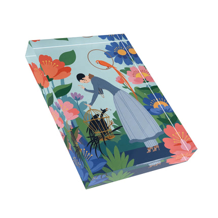 🦜🌺 The Garden Of Curious Birds Acrylic Art Block – Art Deco Botanical Whimsy