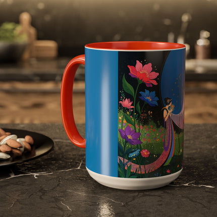 The Lady And The Moonlit Peak Colorful Mugs – Art Deco Alpine Garden Elegance