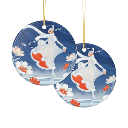 ❄️⛸️ The Winter Skater’s Flight Ceramic Ornament – Art Deco Floral Fantasy