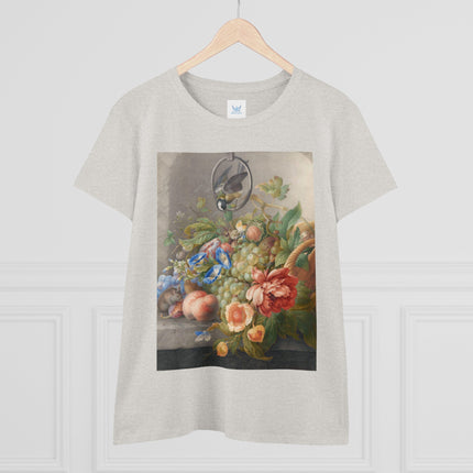 Still Life With Flowers, Fruit, A Great Tit And A Mouse by Herman Henstenburgh Women's Midweight Cotton Tee