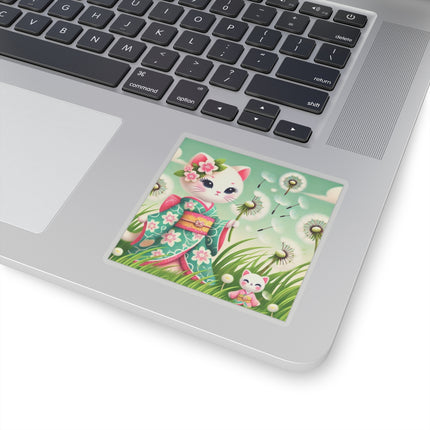 🌾🌼 Geisha Kitten and the Dandelion Wish Kiss-Cut Sticker – Gentle Wishes & Quiet Wonder