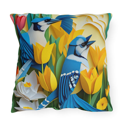Blue Jays in a Spring Garden Outdoor Pillows