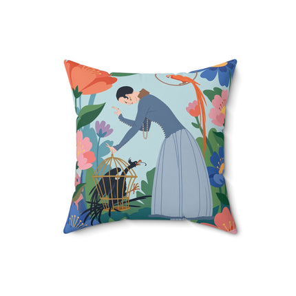 🦜🌺 The Lady Of The Garden Aviary Square Pillow – Art Deco Floral Whimsy
