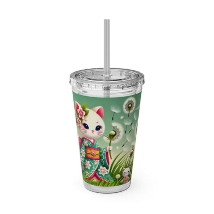 Geisha Kitten and the Dandelion Wish Sunsplash Tumbler with Straw, 16oz