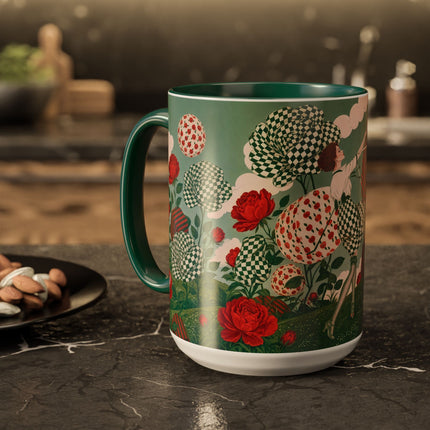 🌹💚 The Scarlet Rose Checkerboard Garden Colorful Mug – Art Deco Floral Whimsy