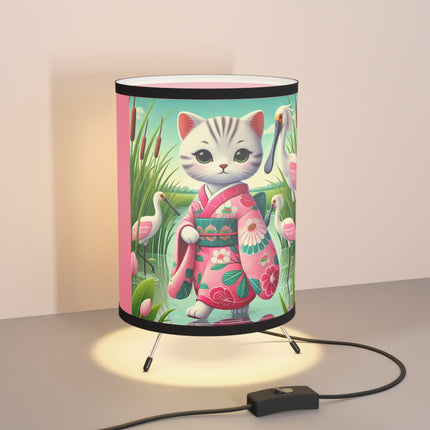 Geisha Kitten Strolls Among the Spoonbills Tripod Lamp