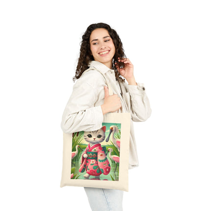 Geisha Kitten Strolls Among the Spoonbills Cotton Canvas Tote Bag – Serene Grace & Marshland Wonder