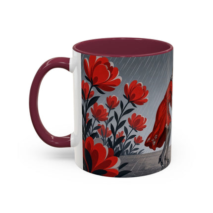 ☔🌹 The Scarlet Rainstorm Promenade Colorful Mug – Art Deco Motoring Elegance