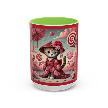 Whimsical Geisha Kitten in a Valentine Garden Colorful Mugs (11oz, 15oz)