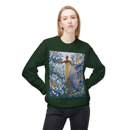 💙✨ The Lady Of The Gilded Blue Blossom Garden Midweight Crewneck Sweatshirt – Art Deco Floral Elegance